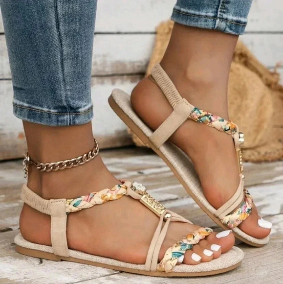 Women Summer Woven Flat Sandals Lightweight Slip Resistant Beach Sandals - Picture 2 of 5